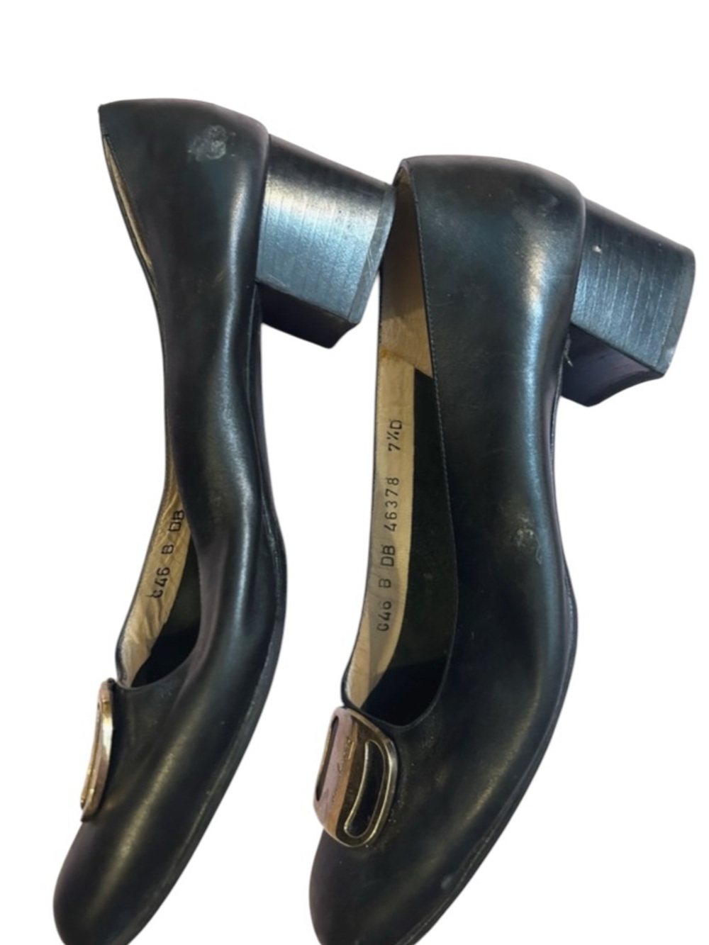 Vintage Salvatore Ferragamo Leather Block Heel Pumps Gold Logo Buckle old money - Picture 7 of 11